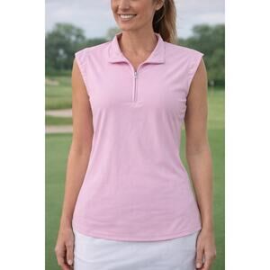SanSoleil Women’s tennis Golf Top L Pink Quarter Zip Sleeveless UPF 50 Cooling